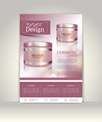 Flyer, brochure or magazine cover template. Cosmetic ads poster.3D Realistic vector illustration in soft purple color.