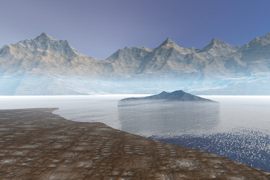 Mountains, a polar landscape, frozen sea, dry ground and a blue sky.