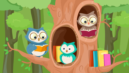 Obraz premium Owls Mascot Tree Library