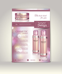 Flyer, brochure or magazine cover template. Cosmetic ads poster.3D Realistic vector illustration in soft purple color.