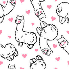 Seamless vector pattern with cute alpacas and hearts. Child illustration with a lama from Peru. In the Japanese anime style. © vavavka