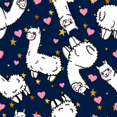 Seamless vector pattern with cute alpacas and hearts and stars. Child illustration with a lama from Peru. In the Japanese anime style.