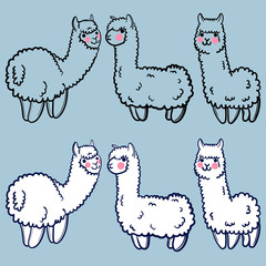 vector set with cute alpacas. Child illustration with a lama from Peru. In the Japanese anime style. © vavavka