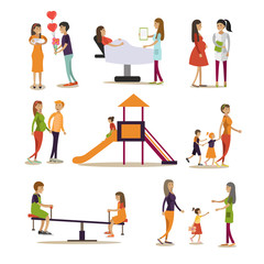 Naklejka premium Vector flat icons set of maternity hospital and kindergarten people