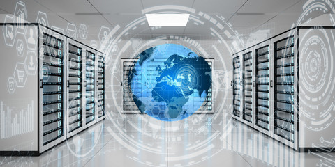 Graph holograms flying over server room data center 3D rendering