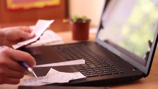 Household Budgeting with Personal Finance Software. Family Budget. Analyzing spending. Receipts, utility bills, and other expense