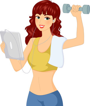 recommend clip art: Girl Multitasking Tablet Dumbbell
