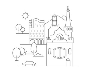 Vector city illustration in linear style - buildings and clouds - graphic design template. Coloring book