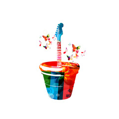 Music instrument background. Colorful guitar in flower pot isolated vector illustration