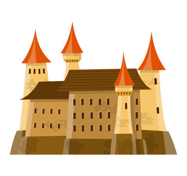 Fairy medieval castle in cartoon style on white background is insulated