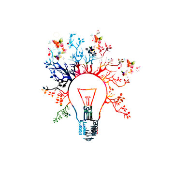 Colorful light bulb with trees isolated vector illustration. Green energy design