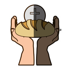 color silhouette of hands holding bread with sphere with cross symbol in background with half shadow vector illustration