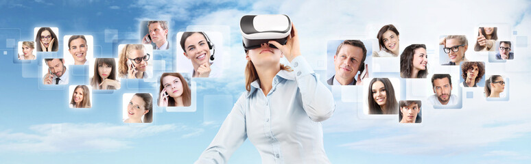 social network and global contact concept. Woman wearing virtual reality goggles headset. VR glasses. 360 degrees.
