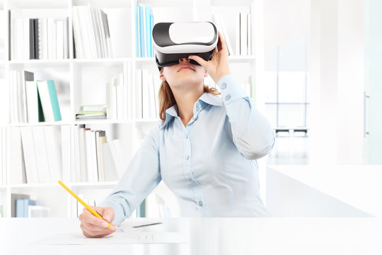 social network and global contact concept. Woman wearing virtual reality goggles headset. VR glasses. 360 degrees.