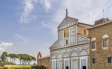 The splendid facade of the abbey basilica of San Miniato al Monte, on the hill overlooking the historic center of Florence, Italy