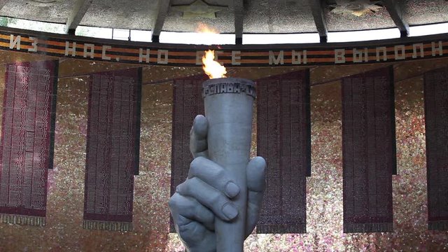 Volgograd Russia July 12, 2016  Hall  Military Glory, sculpture hand with torch eternal flame.
Memorial  Mamayev Kurgan

