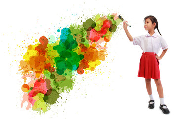 Colorful watercolor little girl painted on wall background.