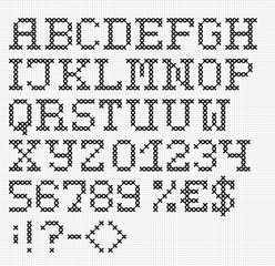 Black stitched english font with numbers and symbols on cloth texture. Vector set. Isolated on white background