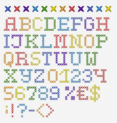 Colorful cross stitch uppercase english alphabet with numbers and symbols. Isolated on white cloth texture