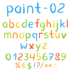 Colorful bright painted english alphabet with numbers and symbols. Vector set. Isolated on white background