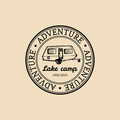 Vector camp logo. Tourism sign with hand drawn trailer illustration. Retro hipster emblem, label of outdoor adventures.