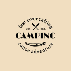Vector camp logo. Tourism sign with hand drawn paddles illustration. Retro hipster emblem, label of outdoor adventures.