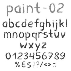 Grunge grey painted english alphabet with numbers and symbols. Vector set. Isolated on white background