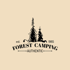 Vector camp logo. Tourism sign with hand drawn spruces illustration. Retro hipster emblem, badge of outdoor adventures.