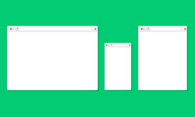 Set of browser windows for devices computer, tablet, and smartphone. Mockups for responsive web design. Vector illustration