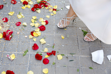 dettaglio pavimento con petali e piedi di una sposa