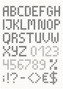 Cross stitch english font with numbers and symbols. Upper case letters