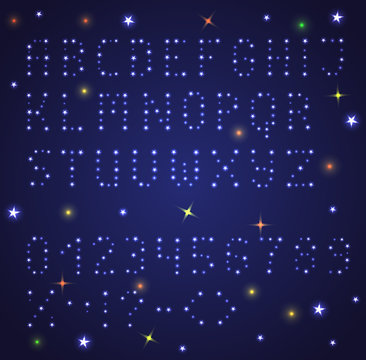 Romantic font from stars. Collection of characters, numbers and symbols