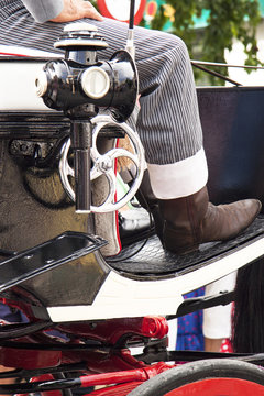 Cochero en carruaje de feria con traje corto de pantal&oacute;n de rayas gris y boas de cuero marr&oacute;n 