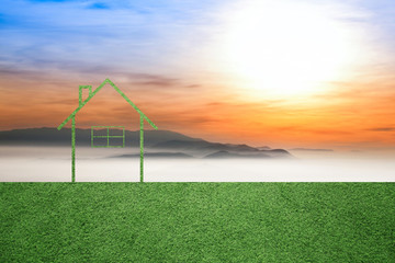 Conceptual eco home healthy living copy space illustration with beautiful sunset landscape.