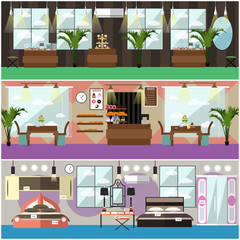 Vector set of shop interior concept flat posters, banners