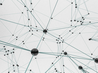 Distributed connection atom with gray background. 3D rendering