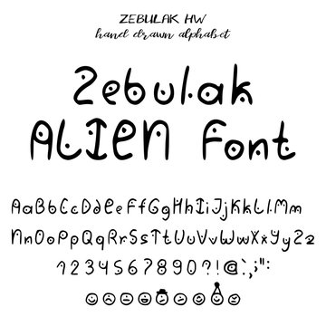 Hand drawn alphabet, written font in style of alien lettering: upper- and lowcase latin letters, numbers, some punctuation and emoticons of aliens. Vector illustration