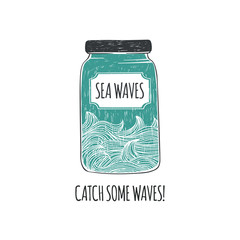 Magic jar with sea waves. Hand drawn vector illustration.