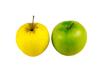 Two juicy apple yellow green stand light lanch on a white background isolated close-up