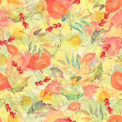 Fototapeta na wymiar Watercolor vintage autumn background. With paint divorces red, orange yellow. With autumn leaves, red berries. Beautiful, stylish stylish background.