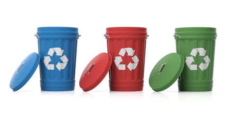 Recycle trash cans on white background. 3d illustration