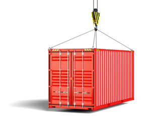 A shipping container hangs on the lifting hook