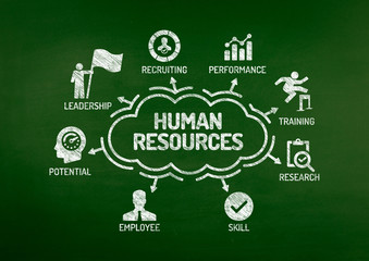 Human Resources Chart with keywords and icons on blackboard