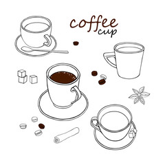 A set of cups of coffee, coffee beans, sugar, cinnamon.