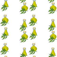 Hand drawn eucalyptus leaves and fruits. Flasks (bottles, containers, jugs) with eucalyptus oil. Seamless pattern.