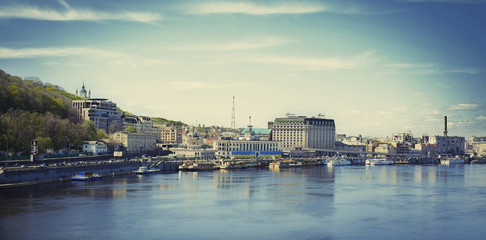 The postal square in Kiev, on Podol, the Dnipro river. view of the square from the river, panorama