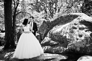 Lovely wedding couple at amazing landscapes with rock Dovbush, Carpathian mountains at Ukraine.