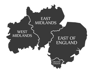 West Midlands - East Midlands - East of England - Greater London Map UK illustration