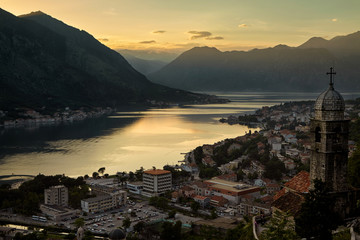 Panoramic top view of Kotor, Montenegro, Europe. Boka Kotor bay Boka Kotorska is one of the most beautiful places on Adriatic Sea, it boasts the preserved Venetian fortress, old towns and mountains.