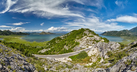 Panoramic view at the Montenegro part of Skadar lake with highway around. Skadar lake is a national park in Montenegro, Europe